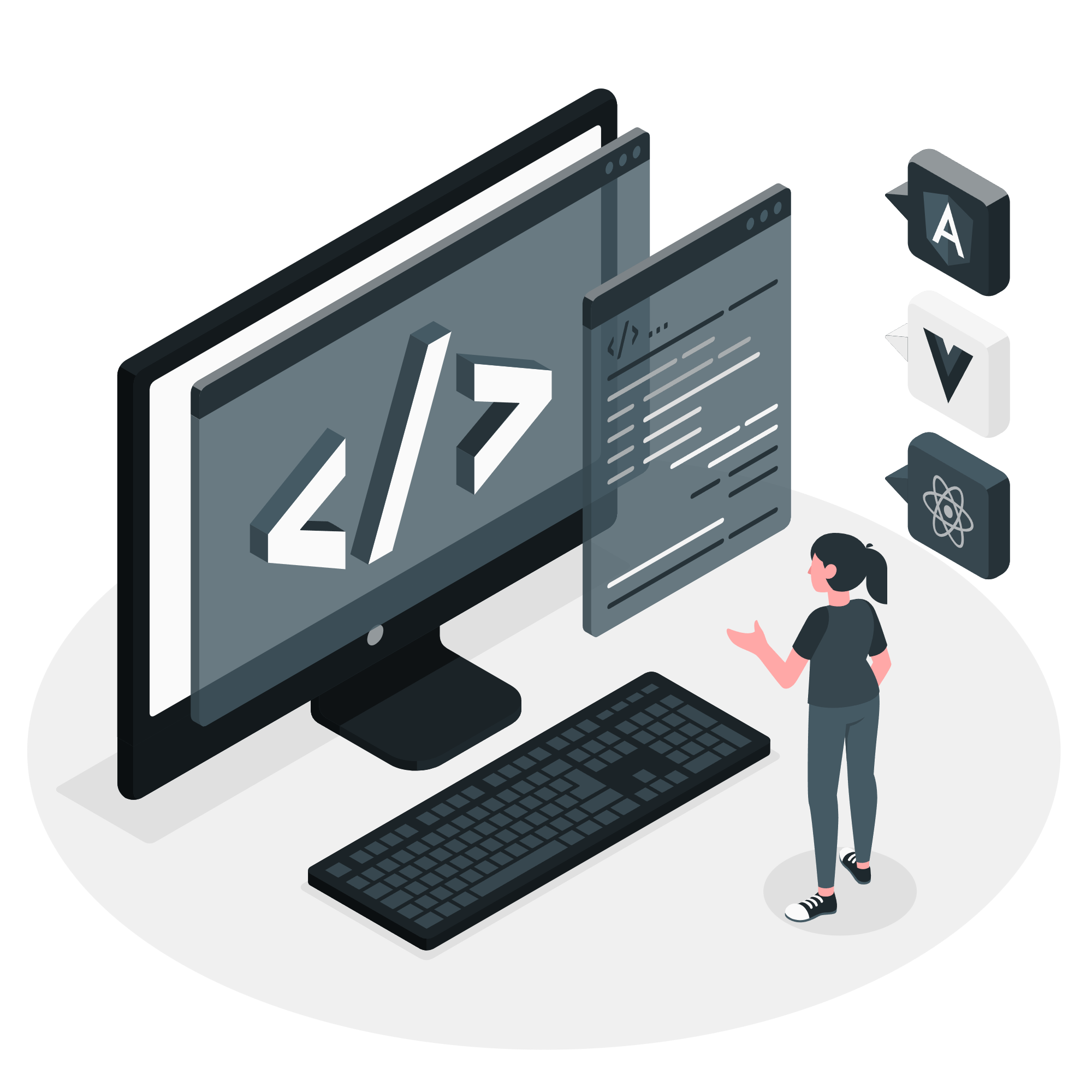 Monitor, laptop y logos de HTML, CSS, JavaScript y React.
